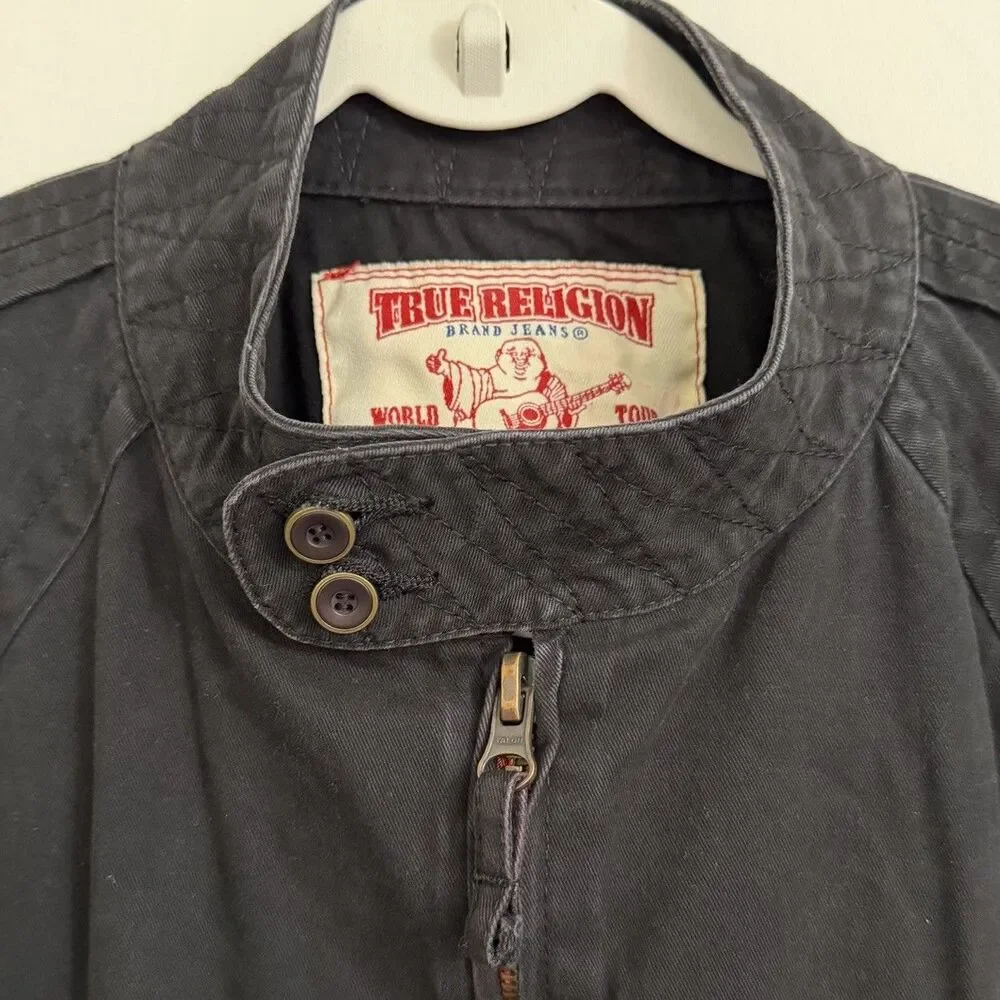True Religion World Tour Jacket Mens Medium Black Full Zip Y2K Streetwear Moto